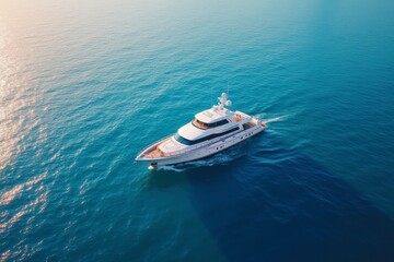 Fototapeta premium Aerial view of a yacht in Positano, Amalfi Coast, Italy in blue and pink cinematic style with copy space