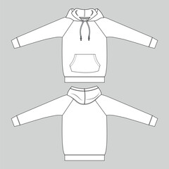 Hoodie Technical drawing fashion flat sketch vector illustration template front and back