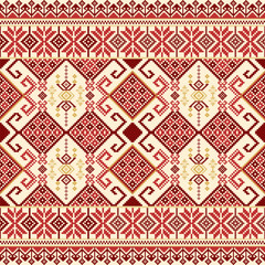 Ethnic Textile with Red and Beige Tribal Maze Motif