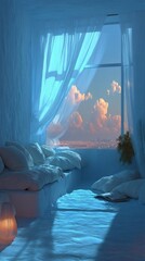 Serene night interior with flowing white drapery and gentle blue haze illuminating softly