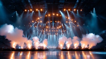 Spectacular concert stage with dynamic lighting and smoke effects in large venue