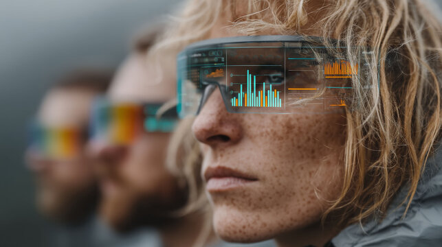 A group of professionals wearing augmented reality glasses analyzing virtual data for better decision-making