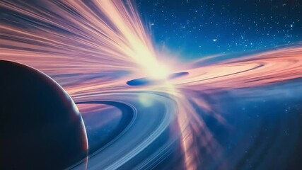 A vibrant cosmic scene features a brilliant central anomaly with powerful jets and an accretion disk, orbited by a majestic ringed planet in the dark expanse of space - Powered by Adobe