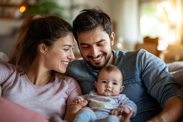 Fototapeta premium Casual family moment, parents with infant sitting on couch, home interior behind