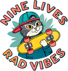 Nine Lives Rad Vibes Cat Skater Retro 90s. PNG, Shirt Print, Sticker.