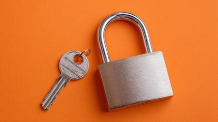 large metal key near locked padlock, minimal composition on orange background, concept of unlocking potential or access 