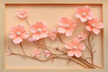 Delicate peach colored paper flowers in a wooden frame.