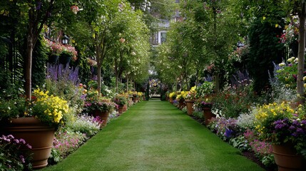 A serene garden pathway lined with vibrant flowers and lush greenery, inviting tranquility and natural beauty.