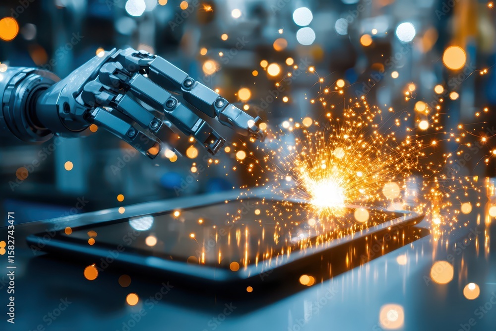 Poster engineer technician mechanical concept. robotic hand sparks while working on a tablet in a futuristi