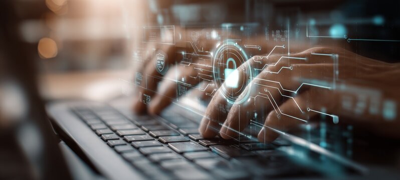 High-tech cybersecurity concept with semi-blurred hands typing on keyboard, glowing padlock icon, circuit lines, floating HUD display, digital shield symbols, bright secure interface

