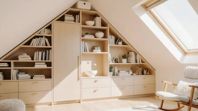 Attic space with custom built in shelving and seating nook