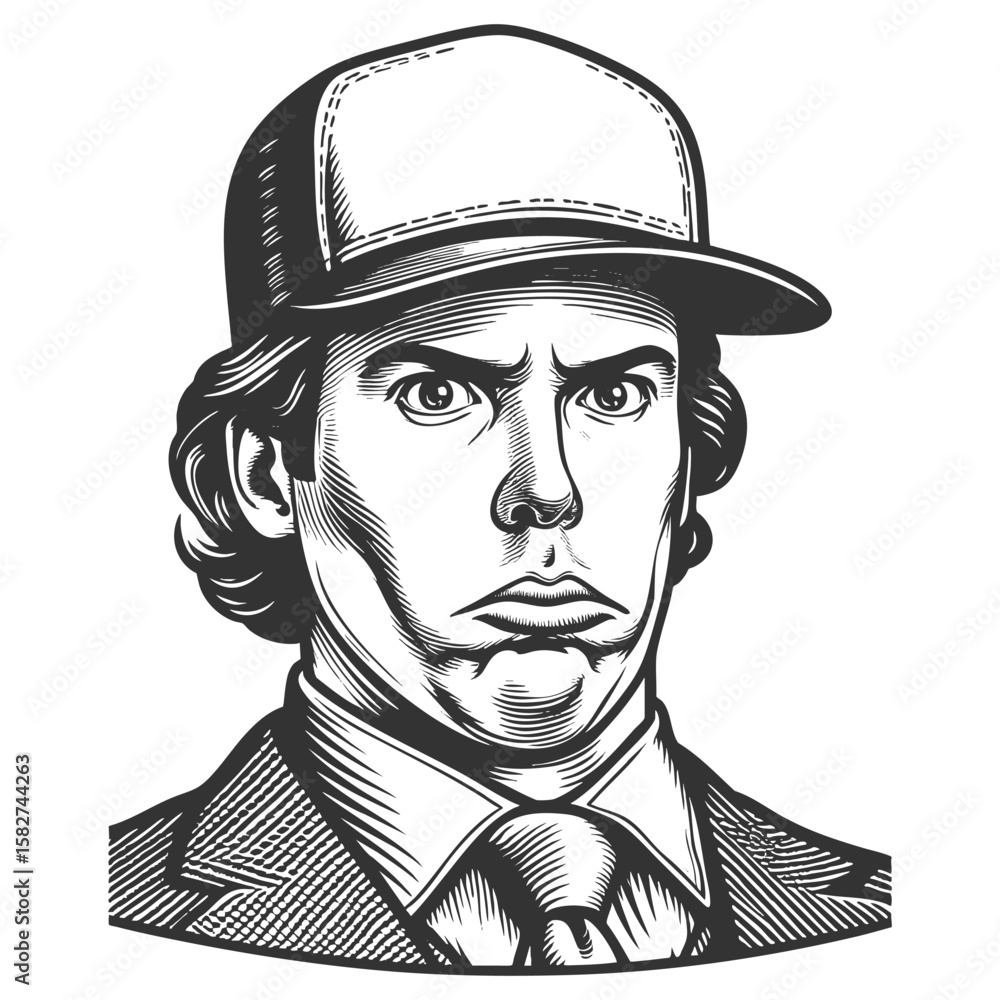 Poster man in a baseball cap making a confused or exaggerated surprised expression sketch engraving generat