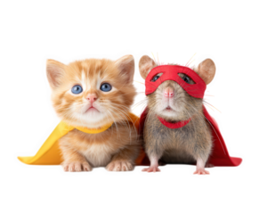 Cute kitten and rat wearing superhero costumes with colorful capes and masks, sitting together on transparency background, playful and adorable animal friends, fantasy theme