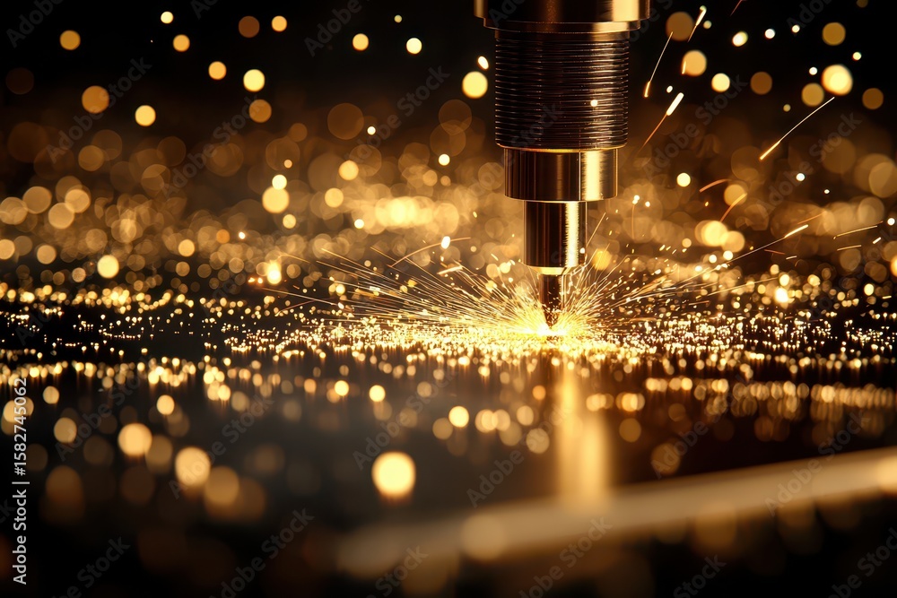 Poster engineer technician mechanical concept. laser cutting with sparks and bokeh background creating a dy