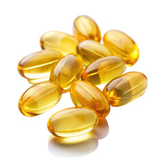Cod liver oil omega three gel capsules isolated on transparent background
