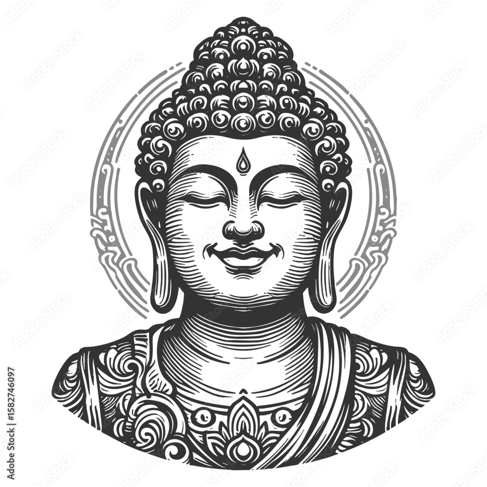 Poster smiling buddha peaceful face with closed eyes and gentle smile sketch engraving generative ai fictio