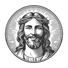Jesus Christ smiling, surrounded by radiant circular halo lines sketch engraving generative ai fictional character vector illustration. Scratch board imitation. Black and white image.