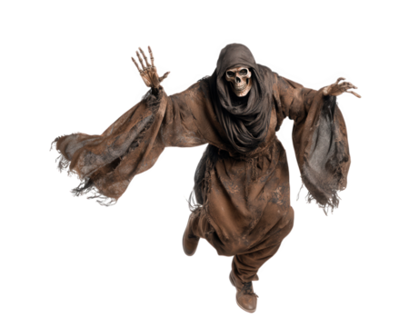 Scary skeleton figure tattered brown robe hooded cloak outstretched arms Halloween costume spooky dramatic pose isolated on transparency background