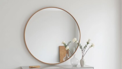 Elegant Round Mirror with White Roses in Vases on a White Wall