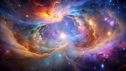 Fototapeta premium Cosmic Nebula: Vibrant Celestial Landscape, Starburst, Dreamlike Fantasy, Mystical Space Art.