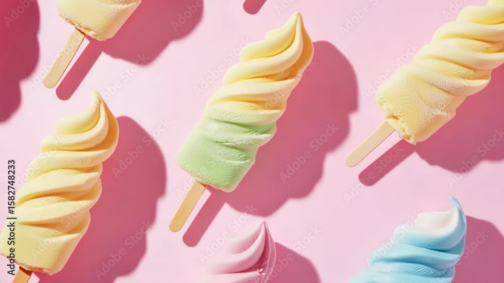 Aufkleber assorted ice cream cones with swirly patterns and colorful icing on pink background.