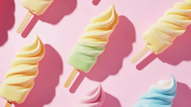 Assorted ice cream cones with swirly patterns and colorful icing on pink background.