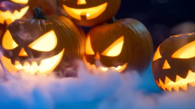 Glowing, carved pumpkins with spooky faces sit amongst smoky haze on a dark backdrop