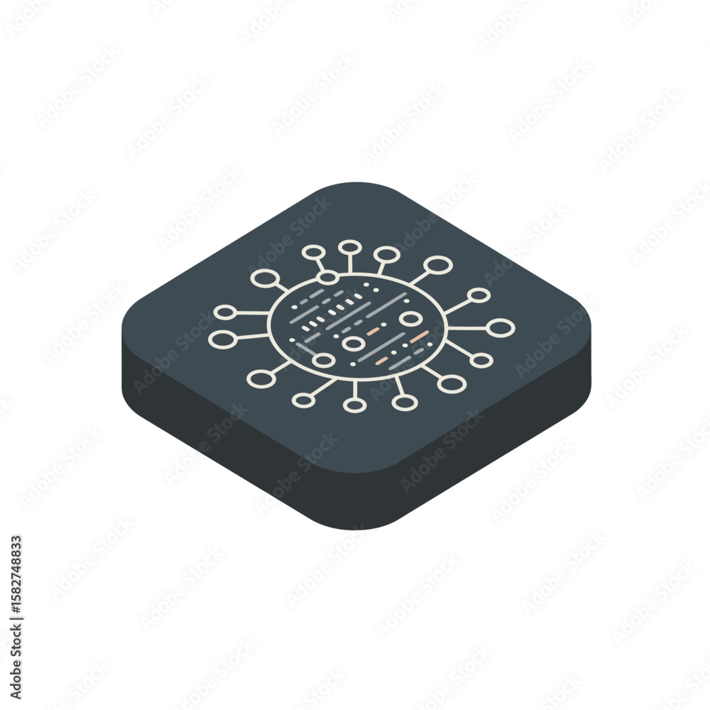 Poster isometric icon of a virus with interconnected lines, suggesting a technological or data-driven appro