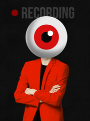 Surreal collage. Person with giant red eye head in red blazer on black background under word...