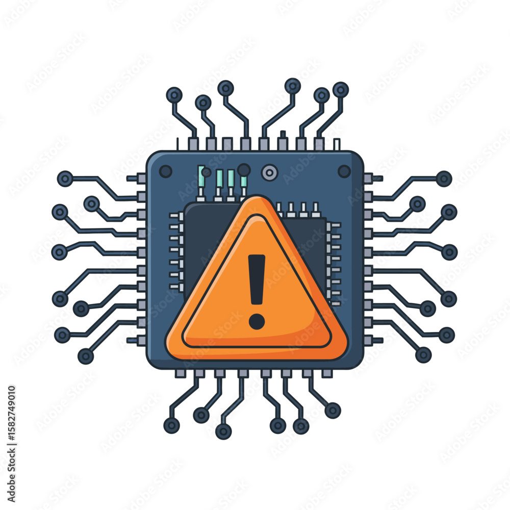 Poster a warning sign overlaid on a computer chip, signifying a potential problem or error.