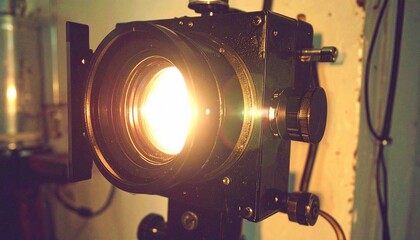 A vintage studio spotlight illuminates the frame, showcasing its intricate mechanics and glowing light source against a textured wall.