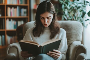 Calm moment with woman enjoying her novel, modern minimalist living room setting