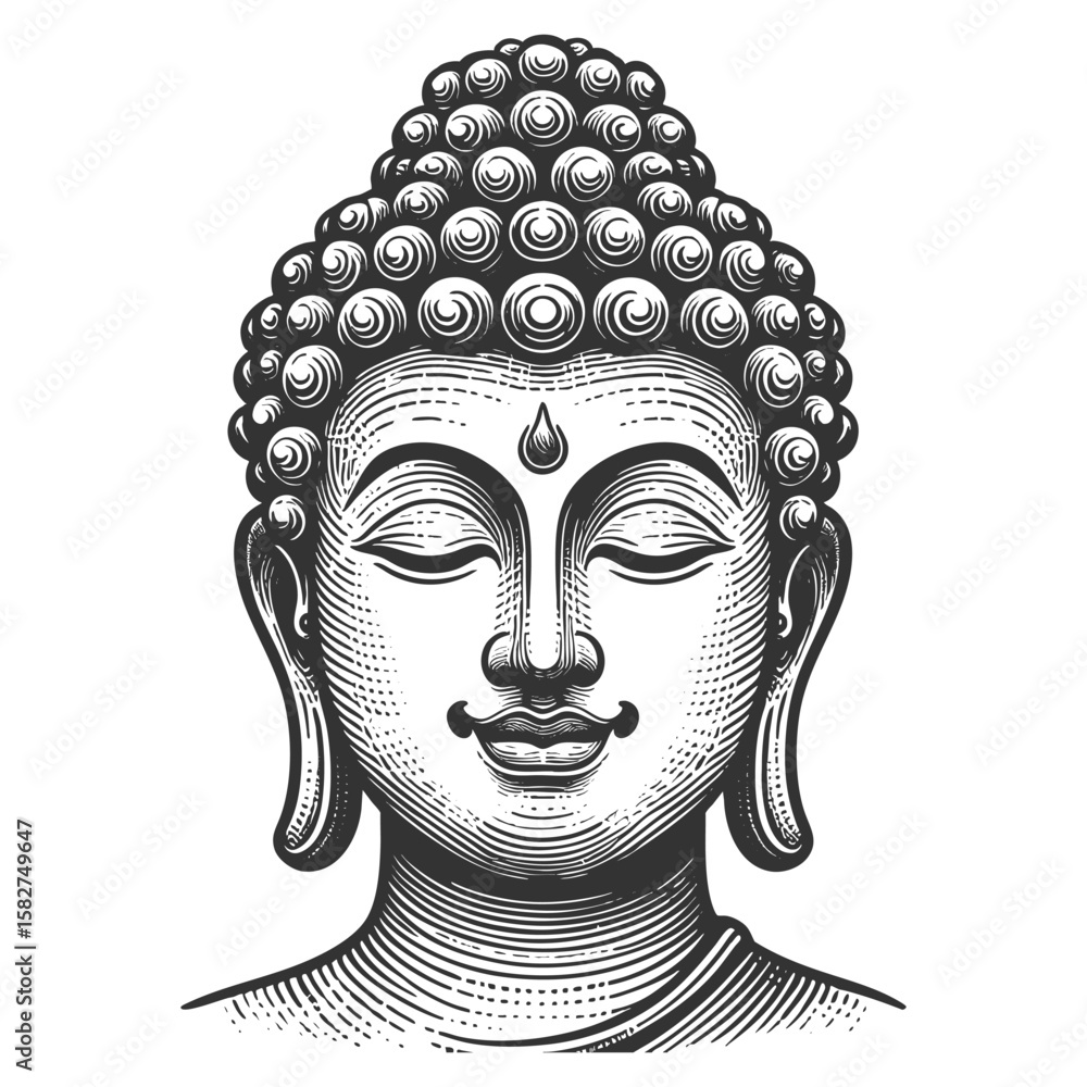 Poster smiling buddha peaceful face with closed eyes and gentle smile sketch engraving generative ai fictio