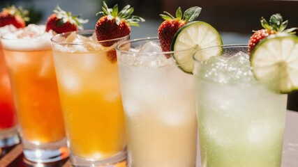 Refreshing summer cocktails with strawberries and lime slices in glasses - Powered by Adobe