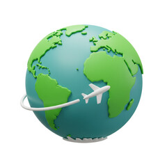 Naklejka premium A stylized globe with a small airplane circling it, representing global travel and air transportation. isolated on a transparent background, png, cutout 