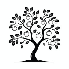 Obraz premium Stylized black silhouette of an apple tree laden with ripe fruit and leaves