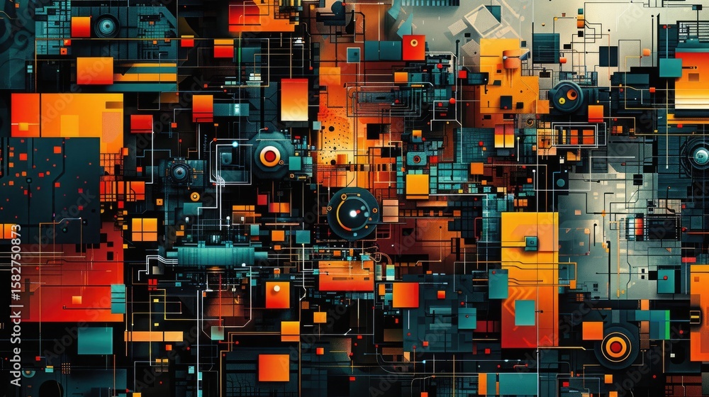 Aufkleber abstract digital background with orange and teal glowing dots. perspective view of glowin blue dots 