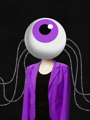 Digital collage. Person with giant purple eye head connected by wires in violet blazer on black...