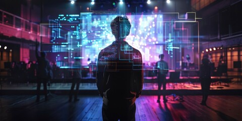 A theater director in a rehearsal space with an AI assistant as a holographic script providing scene direction and lighting cues. Actors in background. AIG60