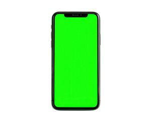 Smartphone with green screen display, isolated on transparent background, modern mobile device, blank screen for mockup, technology concept, vertical orientation, digital communication