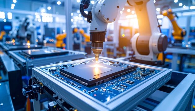 Robotic arm assembling microchips onto circuit board in smart factory environment showcasing precision technology and automation. Ideal for industrial automation and smart factory