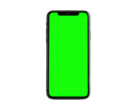 Smartphone with green screen display, isolated on transparent background, modern mobile device, blank screen for mockup, technology concept, vertical orientation, digital communication