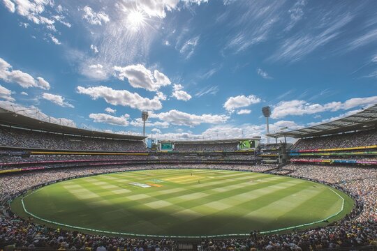 Vibrant cricket stadium with a packed crowd, lush green field, and bright floodlights. Perfect for sports promotions, match highlights, and athletic event branding