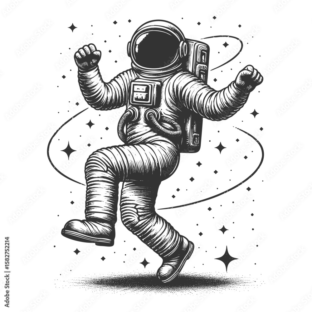 Poster joyful astronaut dancing in space among stars sketch engraving generative ai fictional character vec