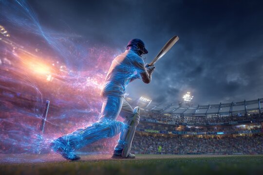 A cricket batsman mid-swing, double exposure with a vibrant cricket stadium full of cheering crowd, glowing floodlights and energy trails, dramatic lighting, cinematic composition,