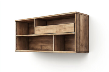 A wooden shelf adds a rustic touch with storage, perfect for organization and decor on a white wall background.
