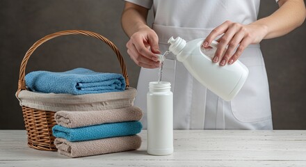 Person Handing Laundry Detergent Bottle with Towels in Basket on Table