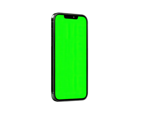 Mobile phone with green screen, isolated on transparent background, modern smartphone, blank display, technology device, digital gadget, vertical orientation - Powered by Adobe