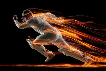 A cricket fast bowler in full delivery action, double exposure with flames, speed lines, and dynamic light trails, symbolizing velocity