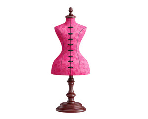 Pink dress form mannequin with floral pattern, wooden stand, and adjustable buttons, used for sewing, tailoring, and fashion design, isolated on transparency background